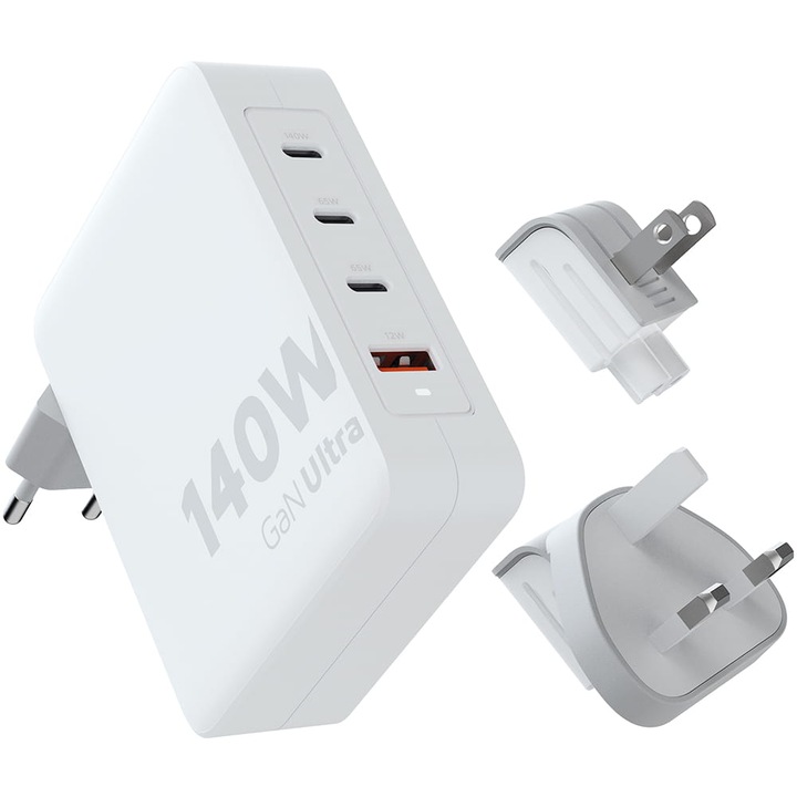 Hálózati töltő, utazási Xtorm 140W, 3x USB-C, USB-A, GaN, EU / UK / US adapterekkel + USB-C kábel, fehér