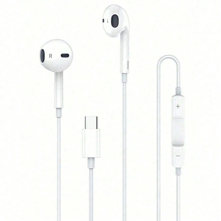 Vezetékes fülhallgató, fülbe helyezhető, fehér, USB-C, mikrofonnal és hangerőszabályzóval