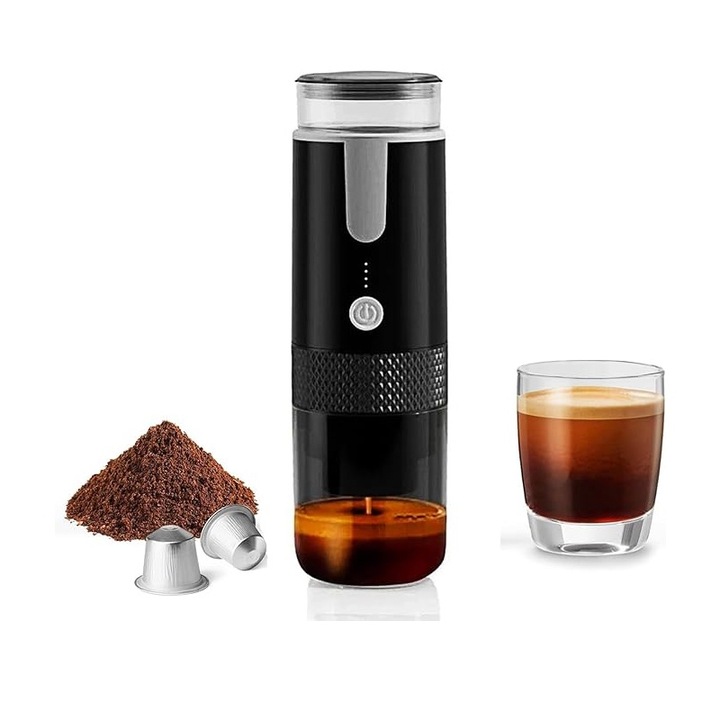 Преносима машина за еспресо с капсули, Rqiurpn, 15 бара, USB, 1200 mAh, ‎170 мл, 2 в 1, 85x85 мм, за K капсули и смляно кафе, Черна