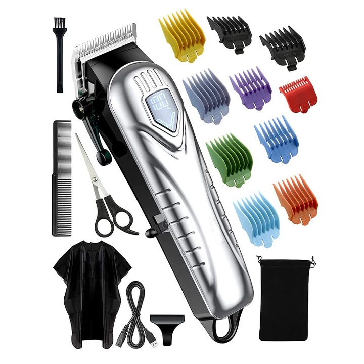 Professzionális hajvágó, Rqiurpn, Vezeték nélküli, 2500mAh akkumulátor, 10 fésűvel, Fésű, 0,5-28 mm, LED kijelző, 6500 fordulat/perc, 4 óra üzemidő, Ezüst