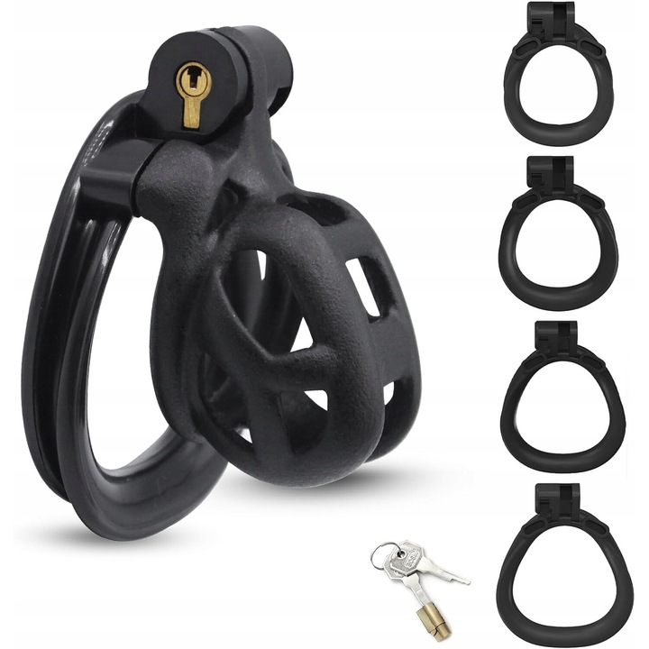 Cusca de Castitate Masculina XS - Set 6 Piese, Reglabila, Nylon Negru, Lacat + Inele, Discreta, Confort Igienic, BDSM Control