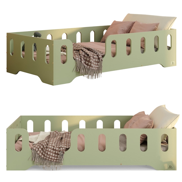 Pat copii 180x100 cm din lemn de pin verde, cu balustrada de siguranta, somiera cu lamele pana la 230 kg, margini rotunjite, structura solida, stil scandinav, montaj usor – Pat Montessori TILA 2L pentru baieti si fete – Smartwood