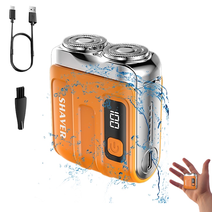 R18 elektromos borotva, LED teljesítménykijelző, mágneses pengerendszer, hordozható, mini méretek 5,3x2,85x6,3 cm, könnyen tisztítható, narancssárga