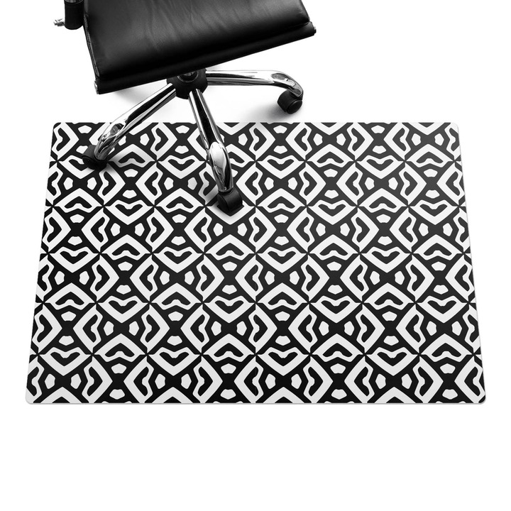 Szék alátét szőnyeg, Wallfluent, Geometrikus retro minta, Fekete és fehér, 100x70 cm, 010250310010100282518