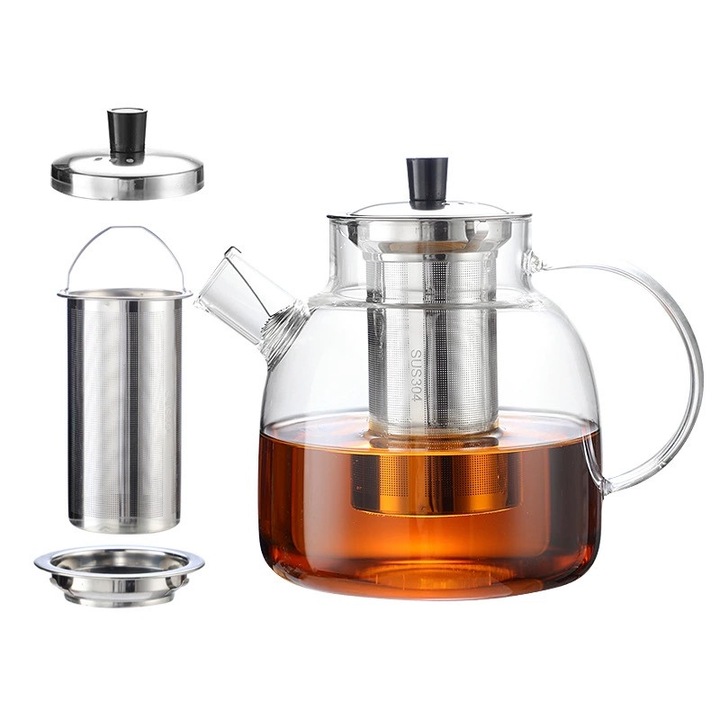 Ceainic de sticla cu infuzor detasabil, 1500ml, borosilicata, 13.5cm diametru, 17.5cm inaltime