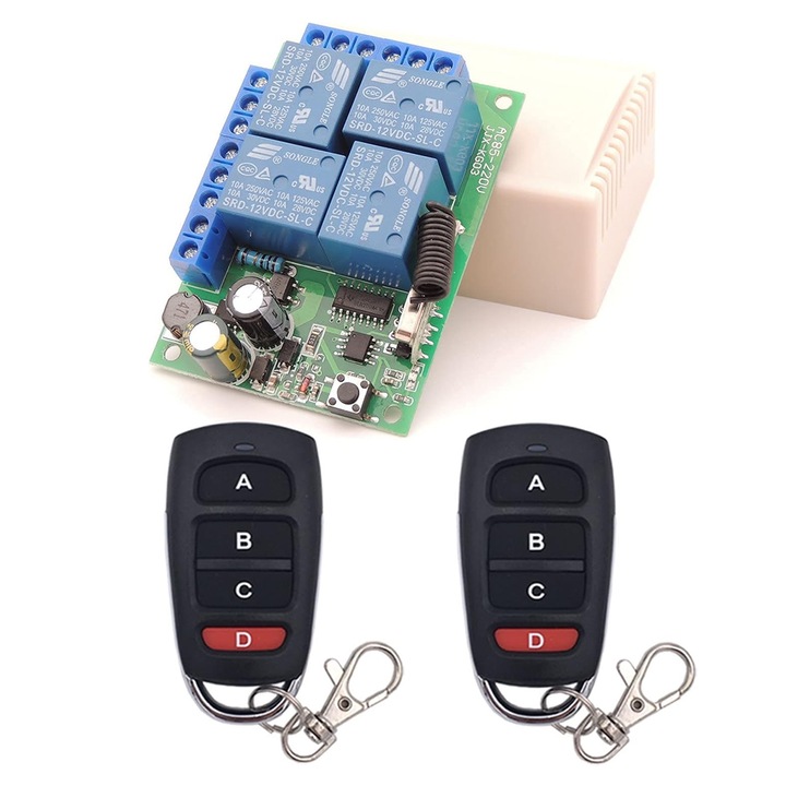 Comutator telecomandat RF, 4 canale, 10A, 433MHz, cu 2 telecomenzi