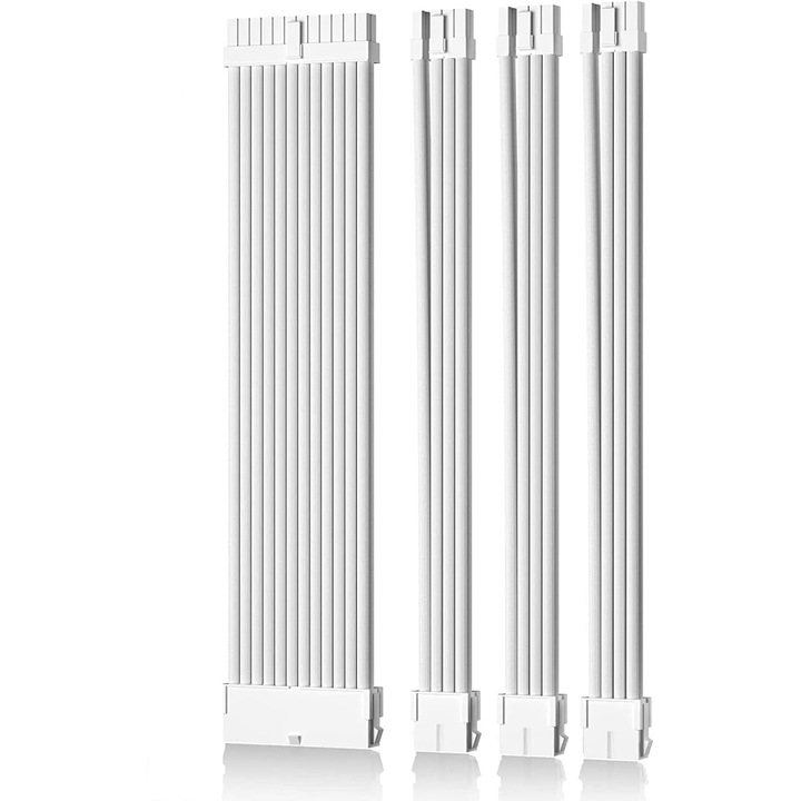 Комплект удължителен кабел за захранване на компютър, 30 см, 18AWG, 24Pin/8Pin към 6+2Pin/8Pin към 4+4Pin, бял