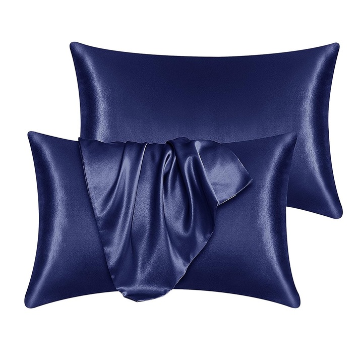 Fata de perna satin pentru ten si par, BOMSTOM, set 2 bucati, albastru, 50x75cm