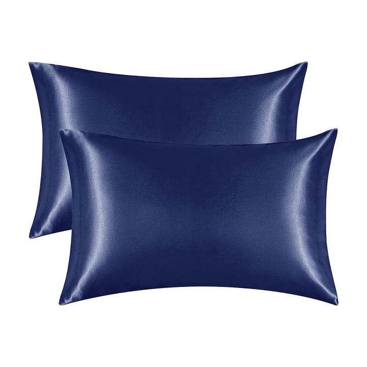 Комплект от 2 сатенени калъфки за възглавници, BOMSTOM, тъмносиньо, 50x75 см, закопчаване тип плик