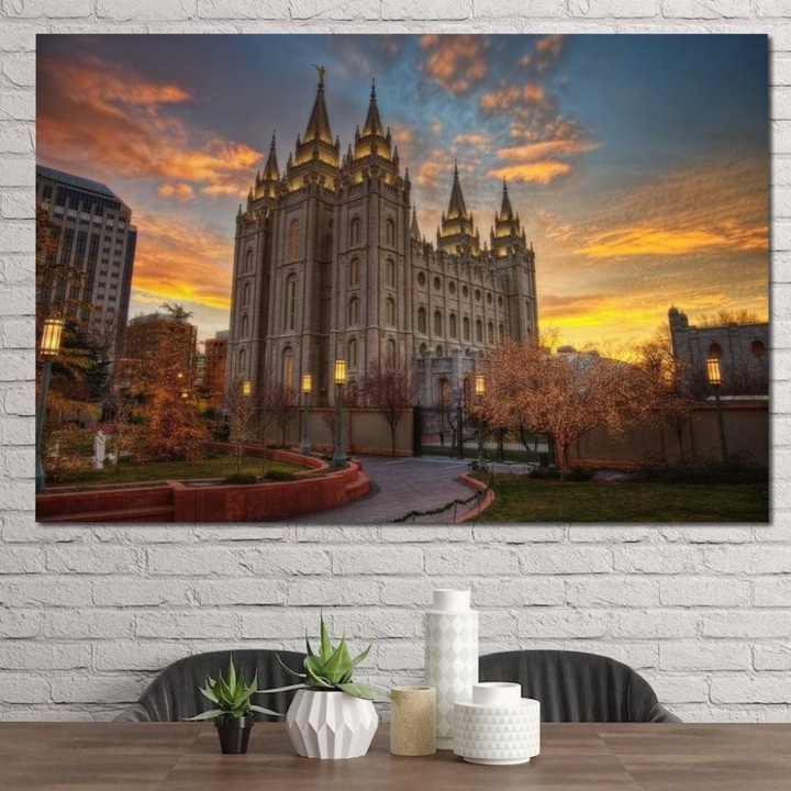 Премиум картина върху платно, LuxCanva® H1010, Храм под божественото небе, 100 X 150 см, 100% памучно платно 400 г/м2, дървена рамка, небе, божествено, катедрала, убежище, светлина, вяра, молитва, залез, мир, хол