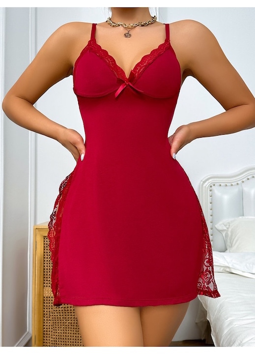 Pijamale dama Ranfare, rochie de noapte sexy cu bretele, Rosu