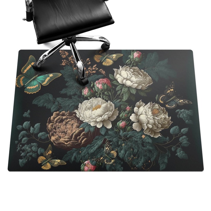 Szék szőnyeg, Wallfluent, Virágok és pillangók, Fekete, 140x100 cm, 010250310030100075346