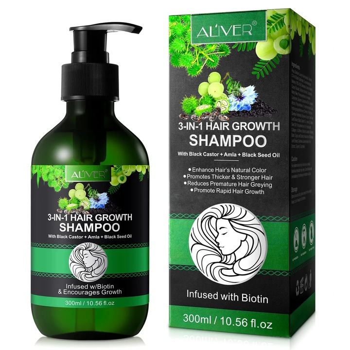 Sampon de par Aliver, 3 IN 1, cu ulei de ricin negru, ulei de amla, ulei de seminte negre, 300 ml