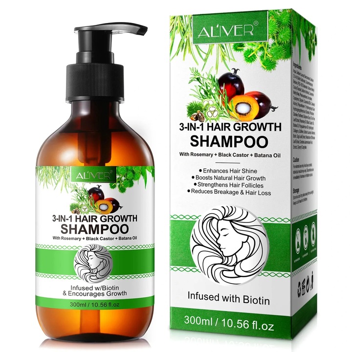 Sampon Aliver 3 IN 1 Rozmarin + Ricin Negru + Ulei de Batana - 300 ml