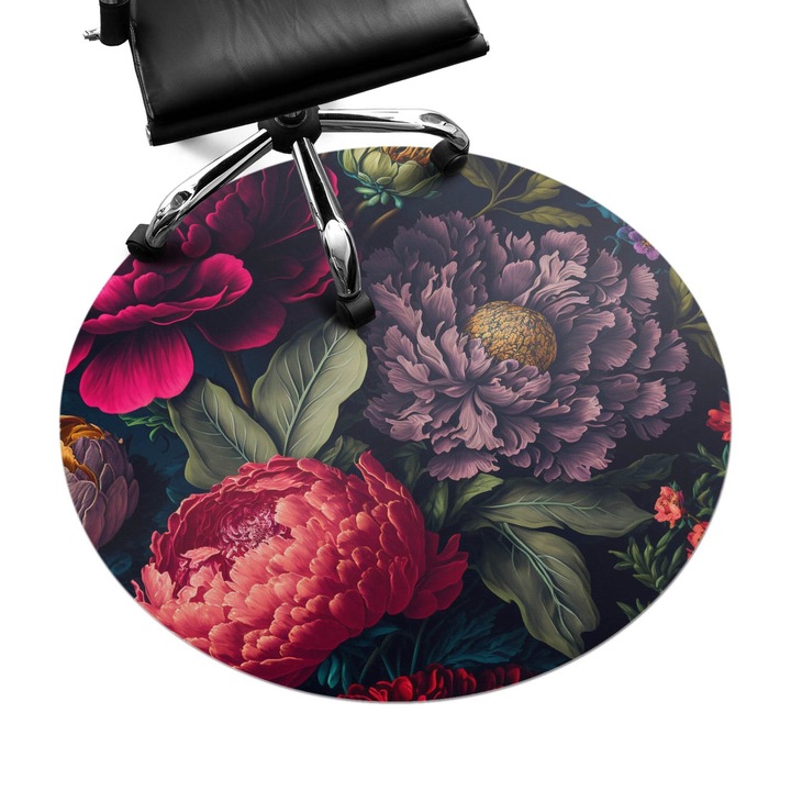 Íróasztal szék alátét, Wallfluent, Vintage virágmintás, Fekete, fi100 cm, 010250310040000075347