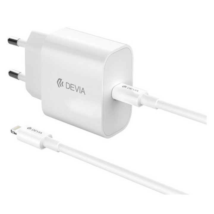 Devia smart hálózati töltő type-c aljzat, 30w, gan, pd gyorstöltő + lightning kábel, fehér