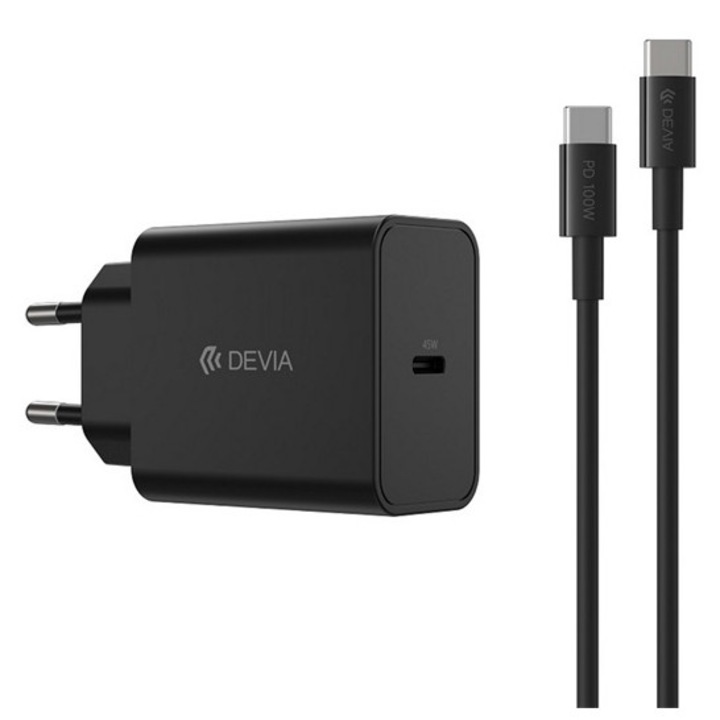 Devia rocket hálózati töltő type-c aljzat, 45w, pd gyorstöltő + type-c kábel, fekete