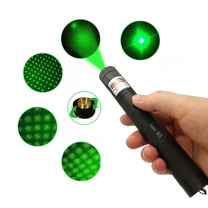 Зелено LED фенерче с лазерна показалка, професионално, USB зареждане, обхват 10 км, черно