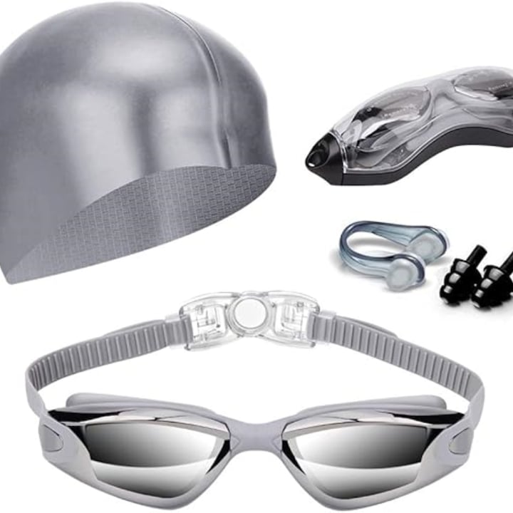 Комплект за плуване с очила против замъгляване и UV защита, шапка, щипка за нос и тапи за уши, силикон, регулируема каишка, сив