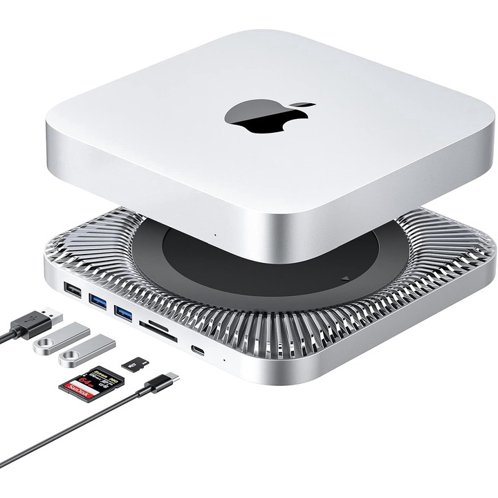 Stand si hub compatibil Mac Mini, cu carcasa SSD STA SATA de 2, 5 inch, 1 port USB-C, 2 porturi USB-A 3.0, 1 port USB-a 2.0, slot card MicroSD/SD, din aluminiu, pentru Mac Mini M1