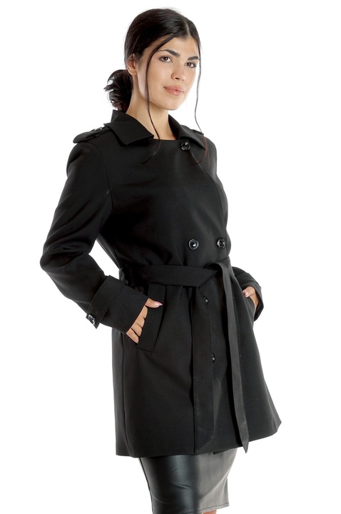 Pardesiu din bumbac cu cordon, buzunare si captuseala, model office, Negru