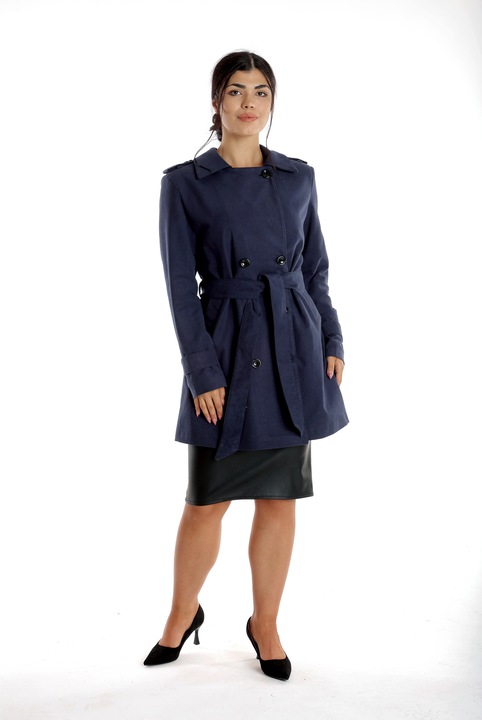 Pardesiu din bumbac cu cordon, buzunare si captuseala, model office, Bleumarin