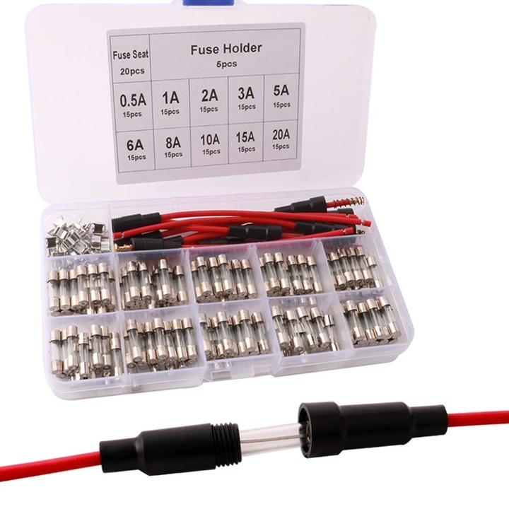 150db gyors üvegbiztosíték 5x20mm készlet, 10 Amper érték, átlátszó