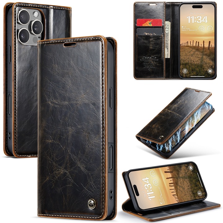 Husa pentru iPhone 16 Pro, CaseMe, slim, piele fina, tip portofel, stand, inchidere magnetica, suport moale TPU, Maro coffee