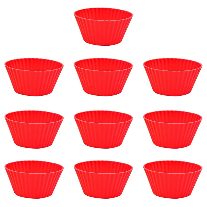 Set 10 forme de copt pentru briose, din silicon, rosu, 7x3.2cm