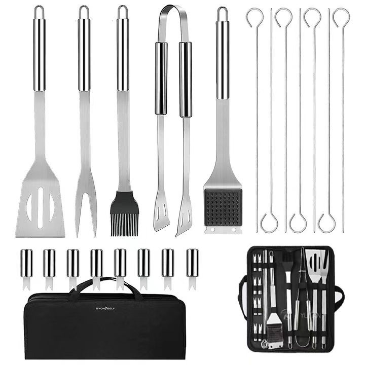 Unelte pentru Gratar - Set Accesorii BBQ, Otel Inoxidabil pentru Smoker, Camping si Gratar in Aer Liber, cu Punga Din Panza - Cadou pentru Ziua Recunostintei si Craciun, 38x15.2x4.7 cm,20 Set