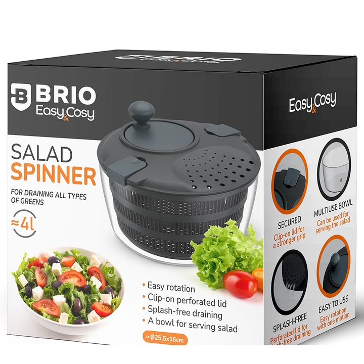 Центрофуга за салата Brio Easy Cosy, с капак, с клипс и отвори за изцеждане, Ø25.5х16см