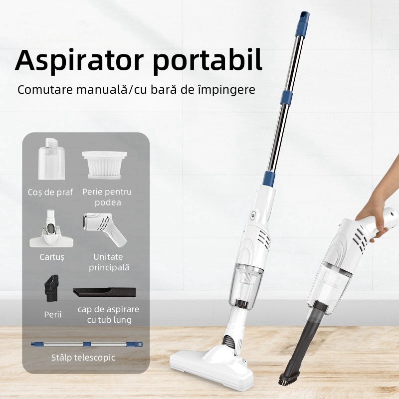 Aspirator fara fir, 120W, 21.3x6.9x92.3 cm, aspiratie puternica, rotatie flexibila, lucru silentios, detasabil si lavabil, potrivit pentru o varietate de scenarii, alb
