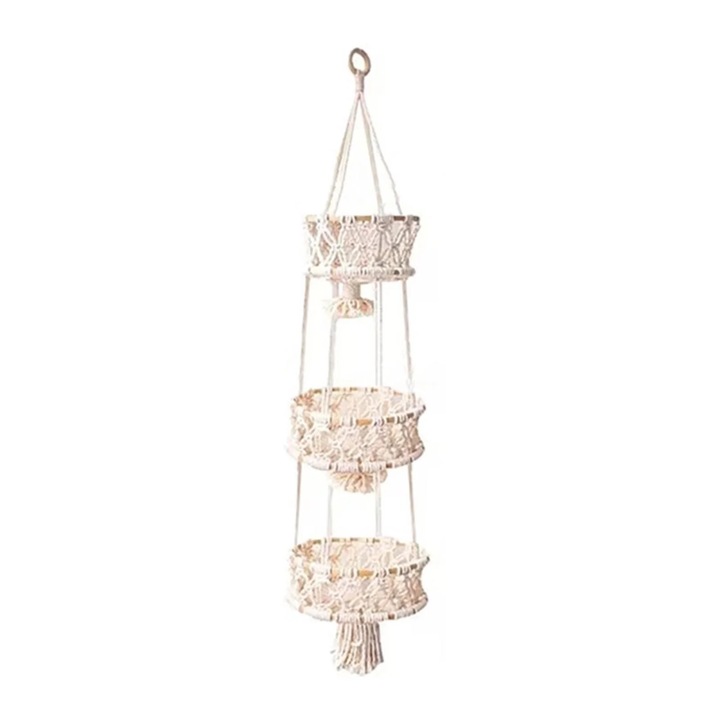 Cos de fructe suspendat 3 etaje, decor boho, 16x21x26cm