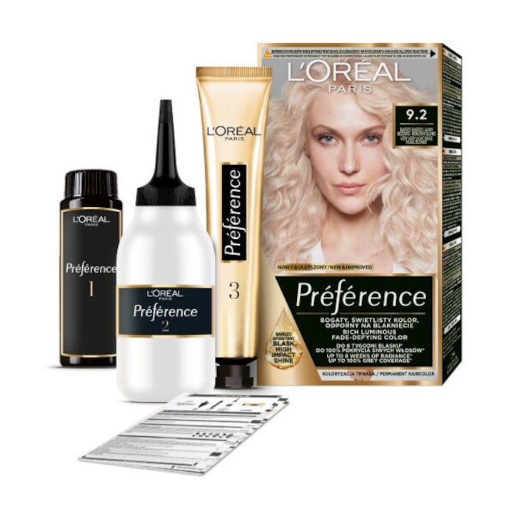 Vopsea de par L'Oreal Preference 9.2 Blond foarte deschis bej-perlat, 8 saptamani de culoare stralucitoare, 100% acoperire fire albe