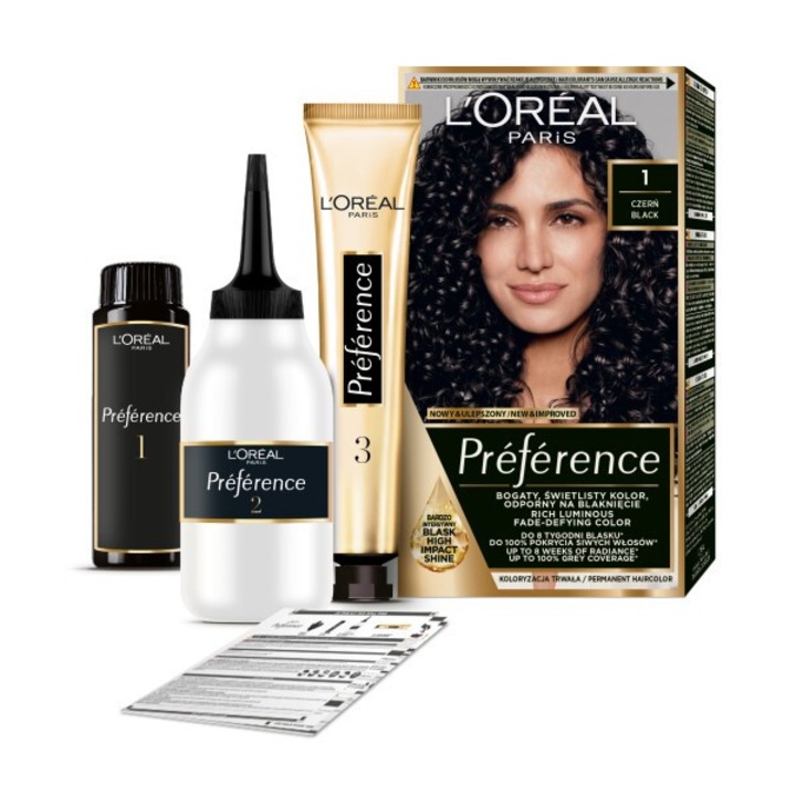Vopsea de par L'Oreal Preference 1 - Negru, 8 saptamani de culoare stralucitoare, 100% acoperire fire albe, 1 cutie