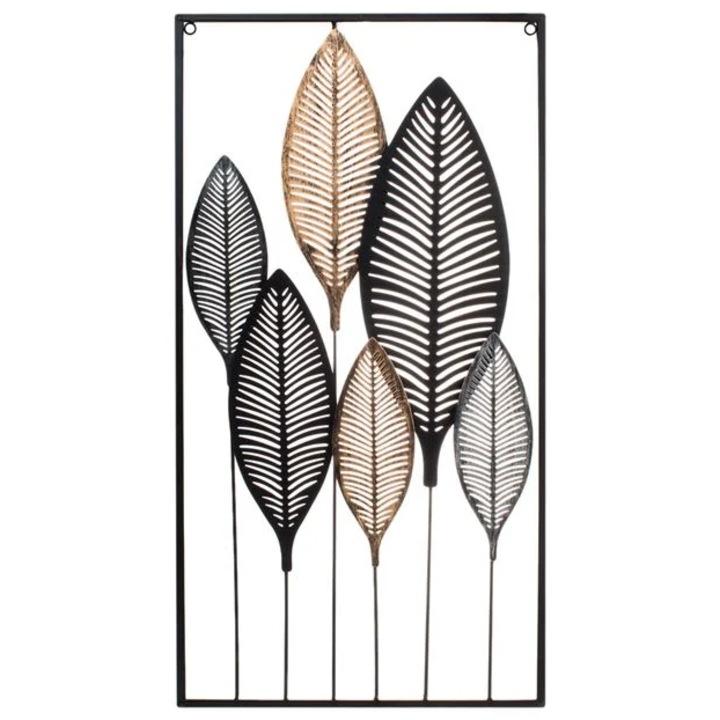 Tablou metalic de perete, cu frunze perforate de culoare neagra, argintie si bronz, in rama neagra dimensiune 40x75x2cm