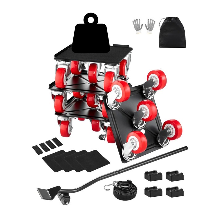 Set Transportor 4 Dolly cu maner, pentru mobila, capacitate 1575 kg, 5 x roti pivotante, rotatie 360 grade