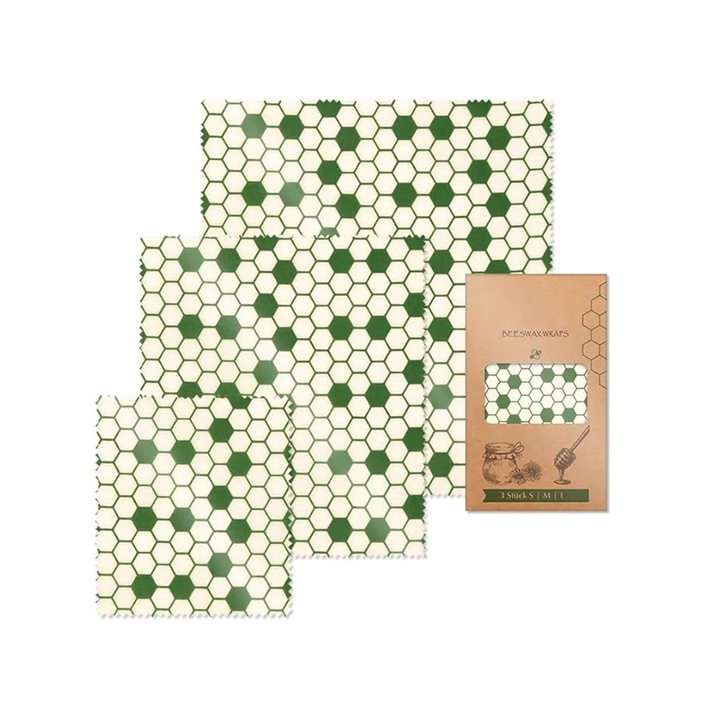 Folie alimentara reutilizabila, set de 3 foi din ceara de albine, biodegradabila, reciclabila, multicolor, 18x20x0.5cm