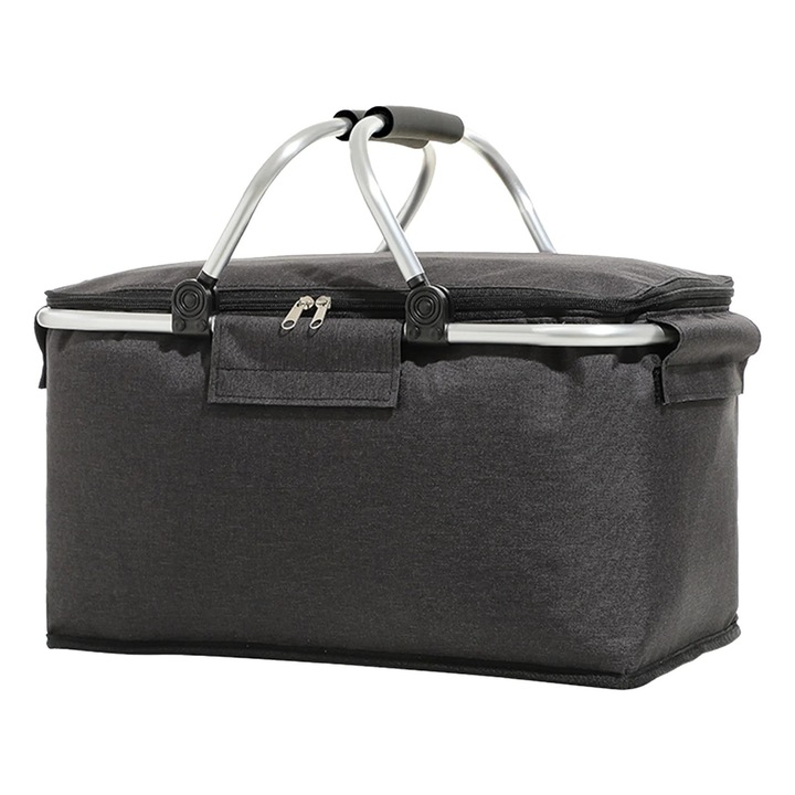 Cos de picnic termoizolant, negru, capacitate mare, design pliabil, 40x23x20 cm