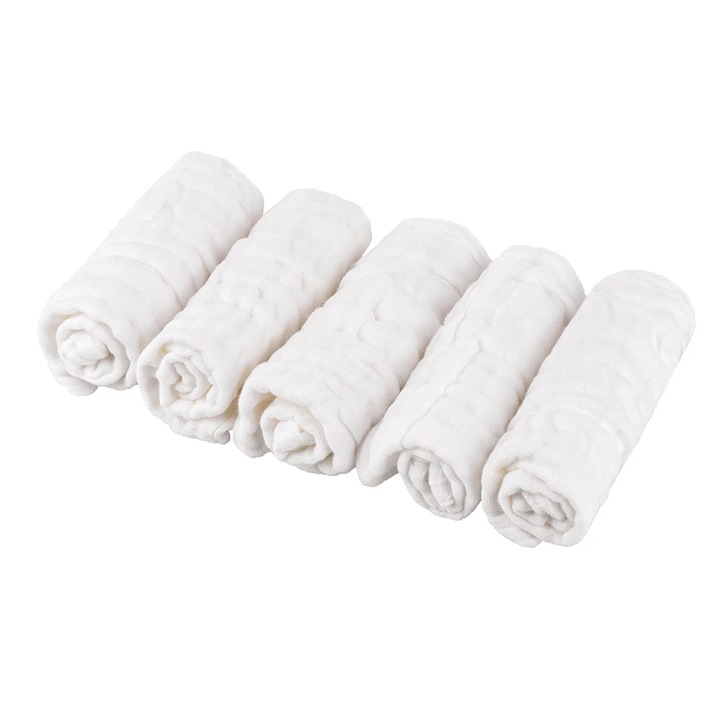 Set 5 prosoape din bumbac organic pentru bebelusi, alb, 30x30cm