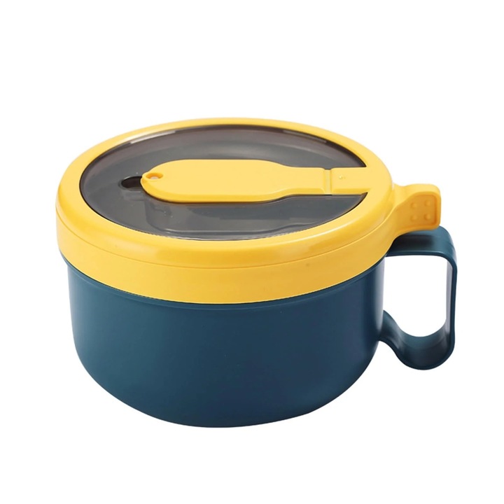 Bol supa cu capac, 850ml, galben/albastru, pentru microunde, material plastic, dimensiuni 14,5x11x9cm