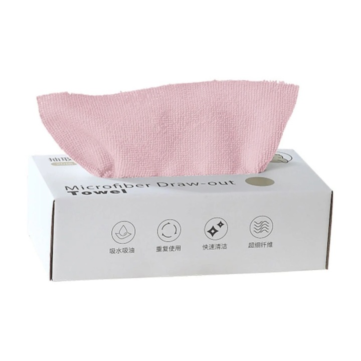 Servetele reutilizabile din microfibra pentru curatare si uscare cu cutie dispenser, set de 20, roz