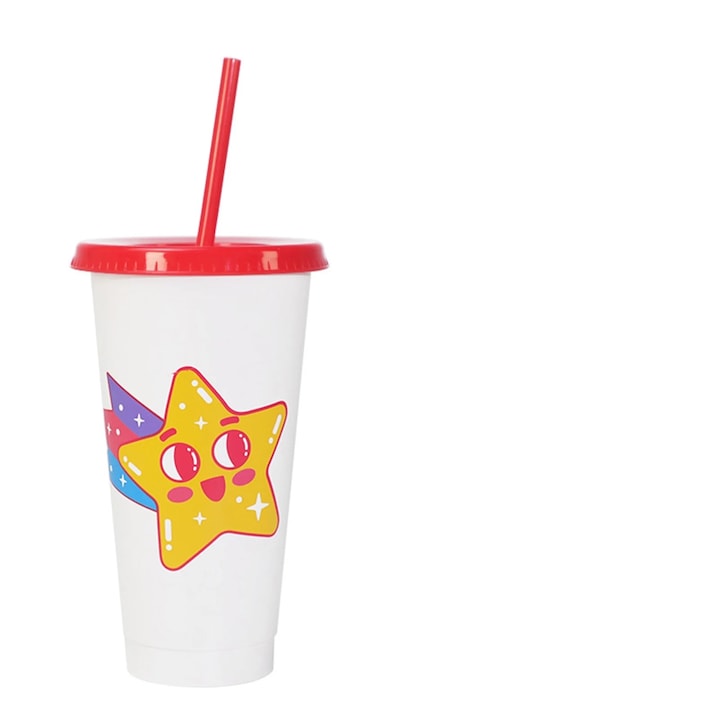 Pahar cu pai si capac, reutilizabil, 709 ml, pentru bauturi reci, plastic, multicolor