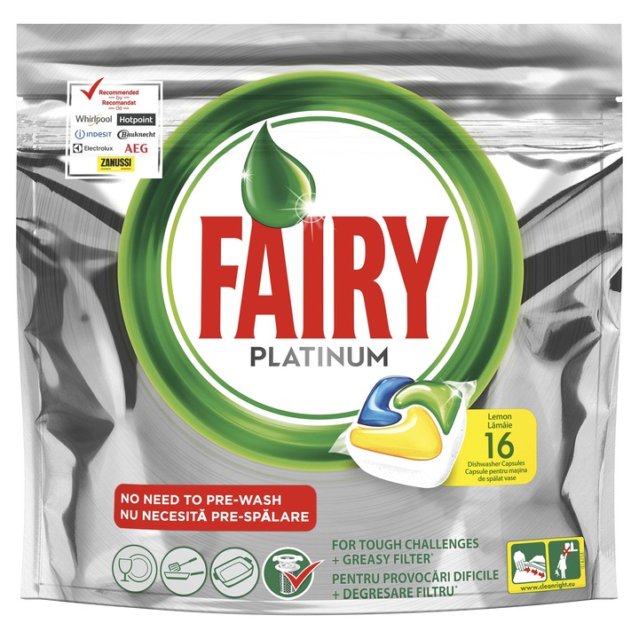 Капсули за почистване на съдове Fairy Platinum All in One, 16 броя