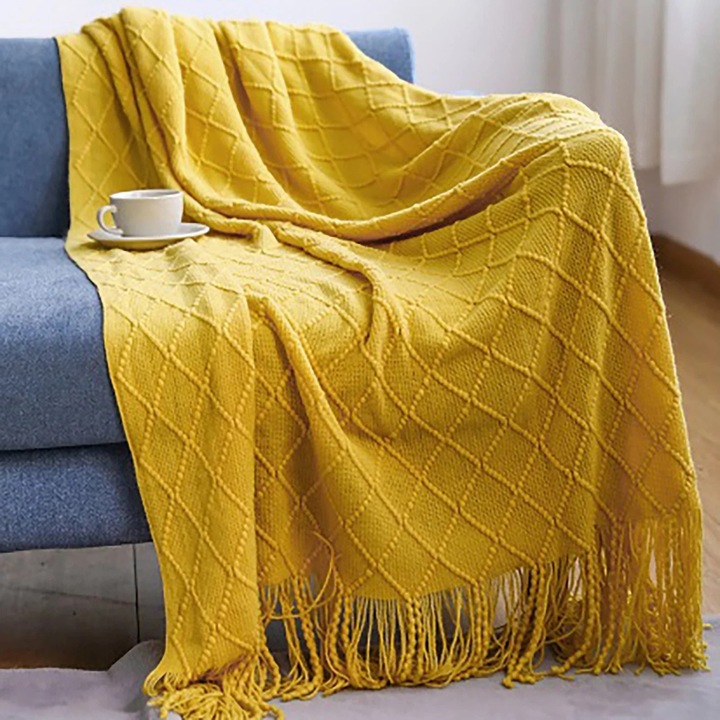 Patura tricotata, 50x60 inch, multicolor, cu franjuri, set de 1 bucata