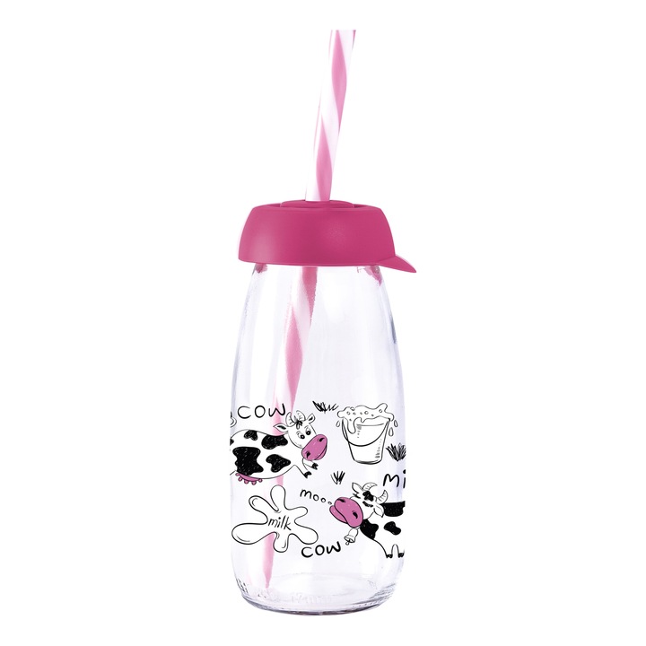 IRIS Cow & Milk üveg palack szívószállal 250ml, rózsaszín 111722-013P