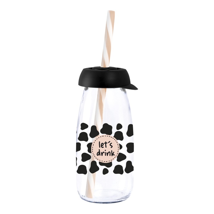 IRIS Lets Drink üveg palack szívószállal 250ml, fekete pöttyös 111722-011P