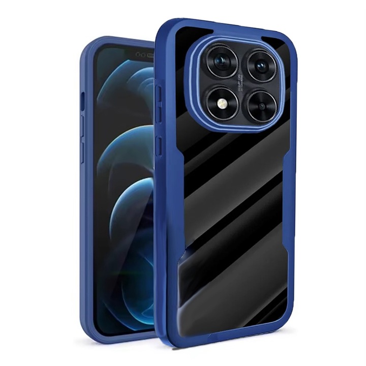 360 градусов калъф, съвместим с Xiaomi Redmi Note 14 Pro+ 5G, с включен протектор за екрана, устойчив на удари, против пожълтяване, против надраскване, издръжлив, 3 mm повдигнати ръбове, син/прозрачен