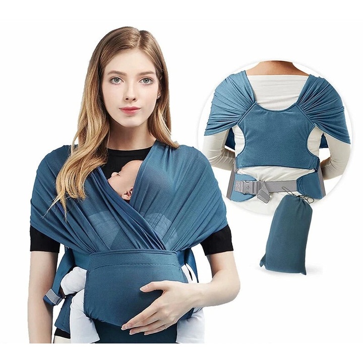 Sling pentru bebelusi, X-type, material poliester, 0-24 luni, capacitate 15KG, albastru