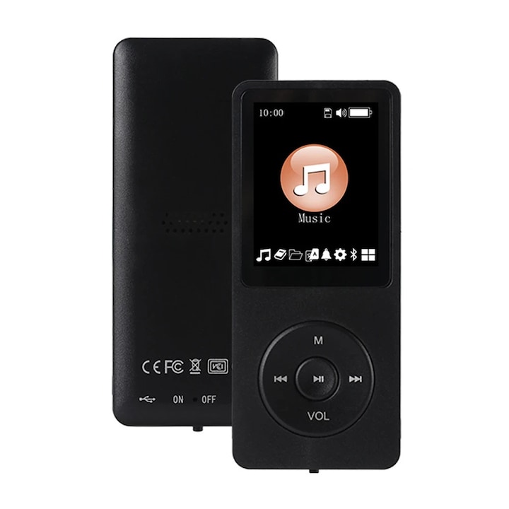 MP3 lejátszó, hordozható, Bluetooth funkcióval, 1,8 hüvelykes színes képernyő, 128 GB tárhely, méretek 90x38,8x8,5 mm